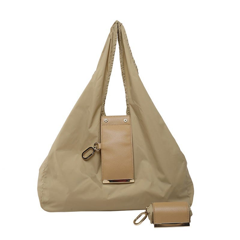 Foldable Nylon Shoulder Tote Bag Keychain With Leather Accent - Khaki - Large - image 25