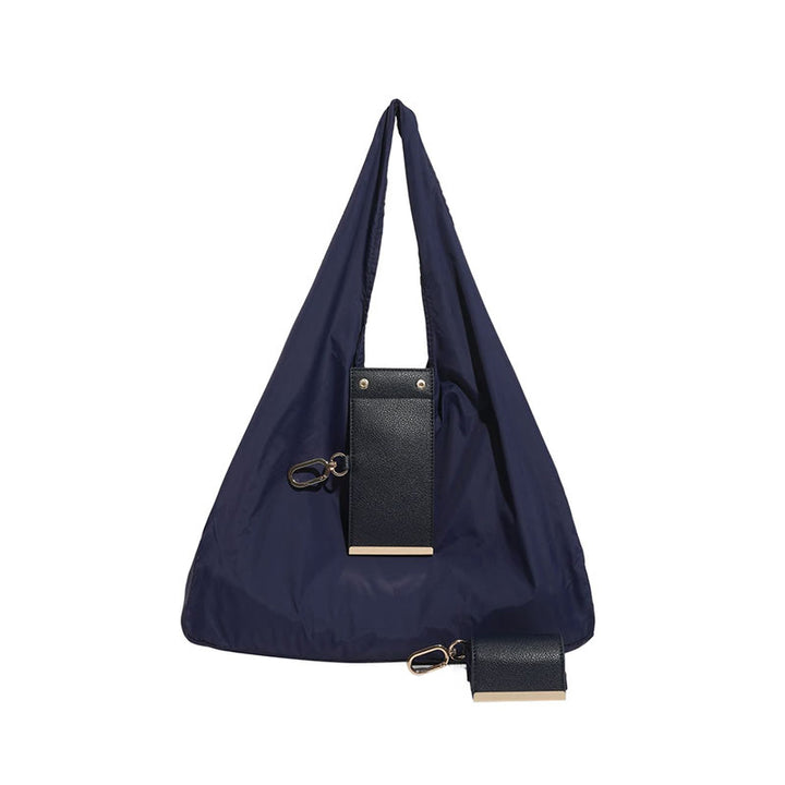 Foldable Nylon Shoulder Tote Bag Keychain With Leather Accent - Dark Blue - Small - image 22