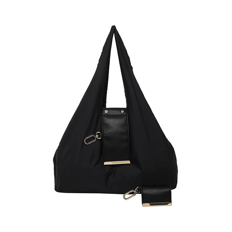 Foldable Nylon Shoulder Tote Bag Keychain With Leather Accent - Black - Small - image 8