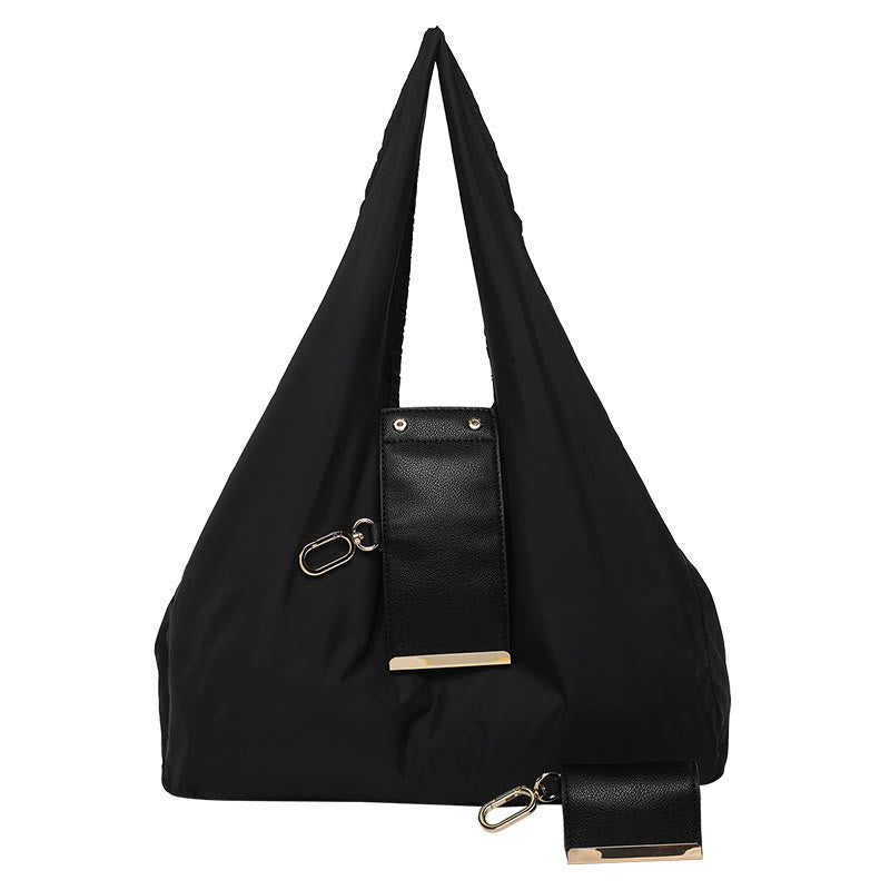 Foldable Nylon Shoulder Tote Bag Keychain With Leather Accent - Black - Large - image 24