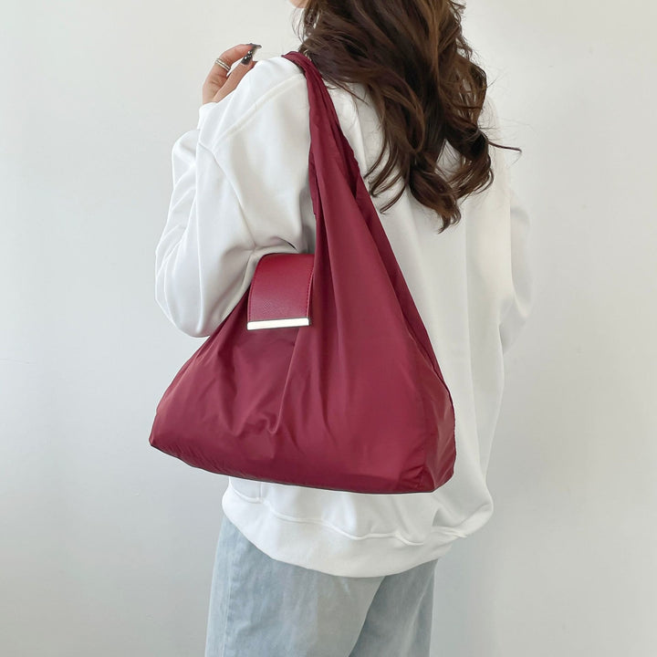 Foldable Nylon Shoulder Tote Bag Keychain With Leather Accent - Burgundy - Large - image 27