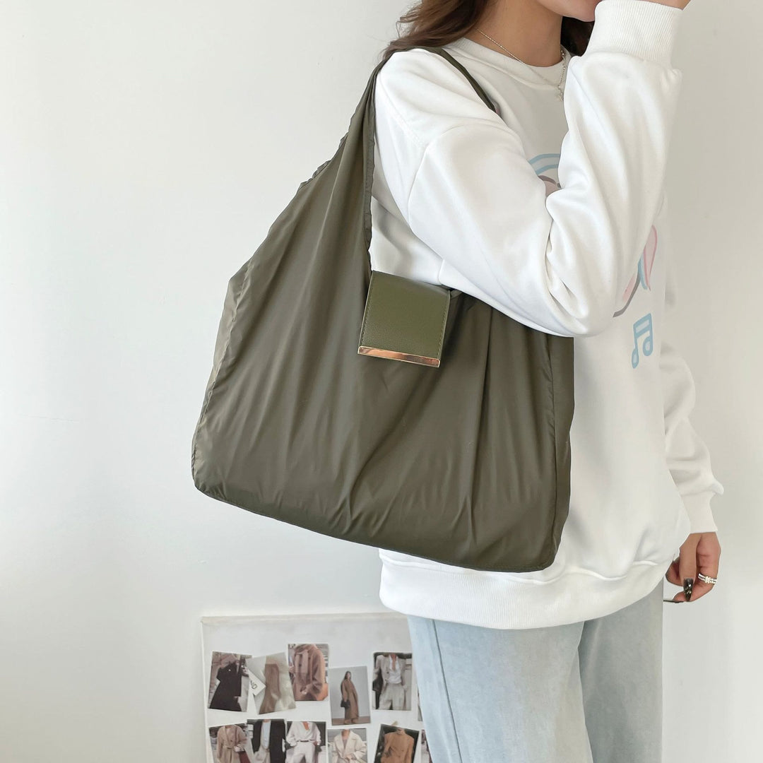 Foldable Nylon Shoulder Tote Bag Keychain With Leather Accent - Army Green - Large - image 26