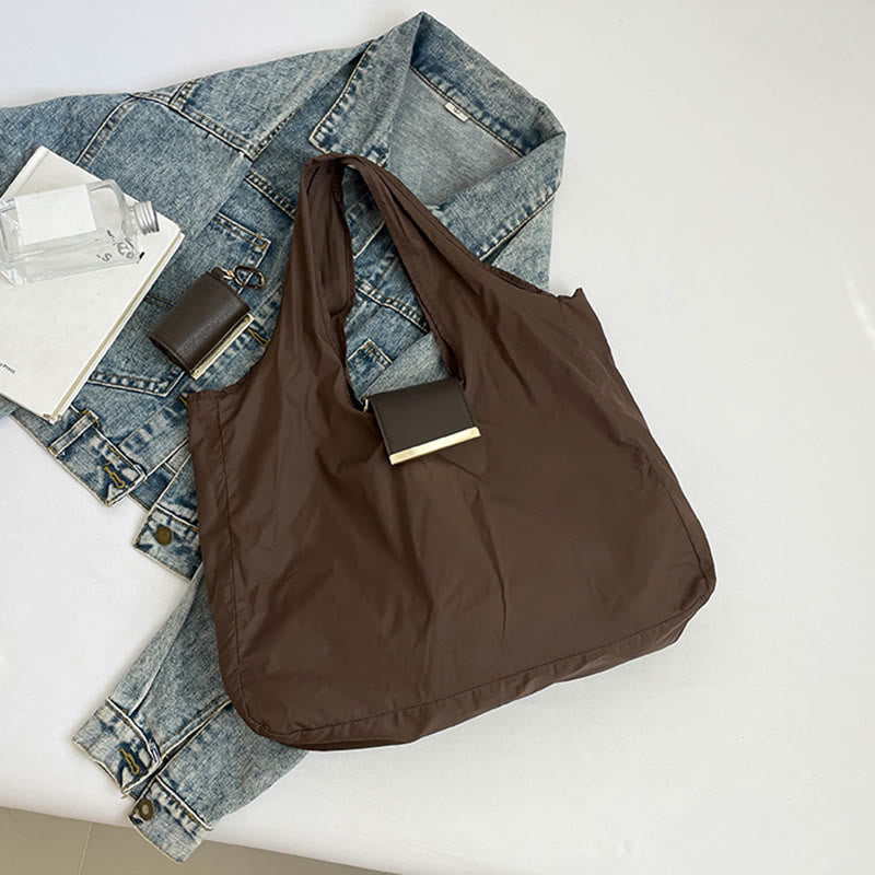 Foldable Nylon Shoulder Tote Bag Keychain With Leather Accent - image 6
