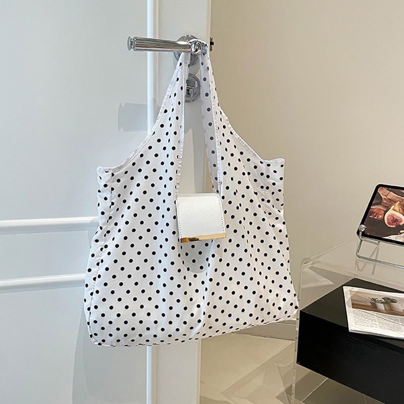 Foldable Nylon Shoulder Tote Bag Keychain With Leather Accent - White Dot - Small - image 30