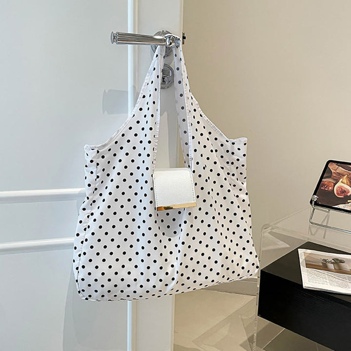 Foldable Nylon Shoulder Tote Bag Keychain With Leather Accent - White Dot - Small - image 30