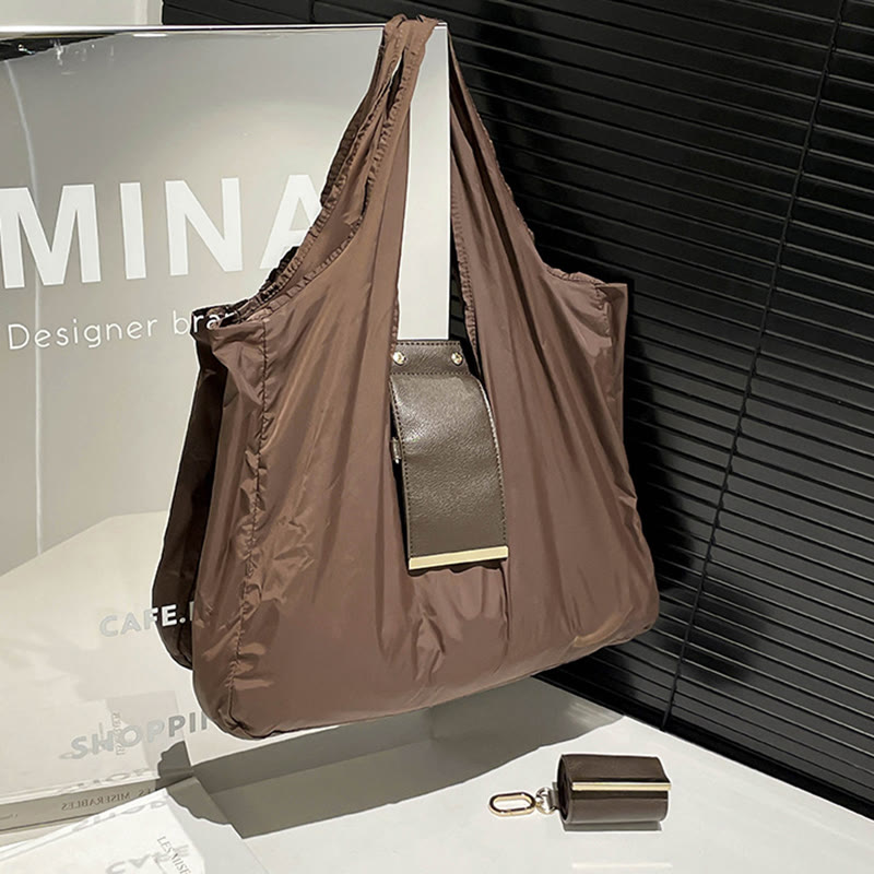 Foldable Nylon Shoulder Tote Bag Keychain With Leather Accent - image 3