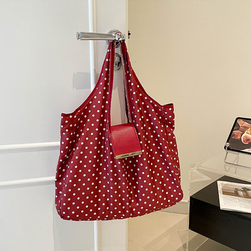 Foldable Nylon Shoulder Tote Bag Keychain With Leather Accent - Burgundy Dot - Small - image 31