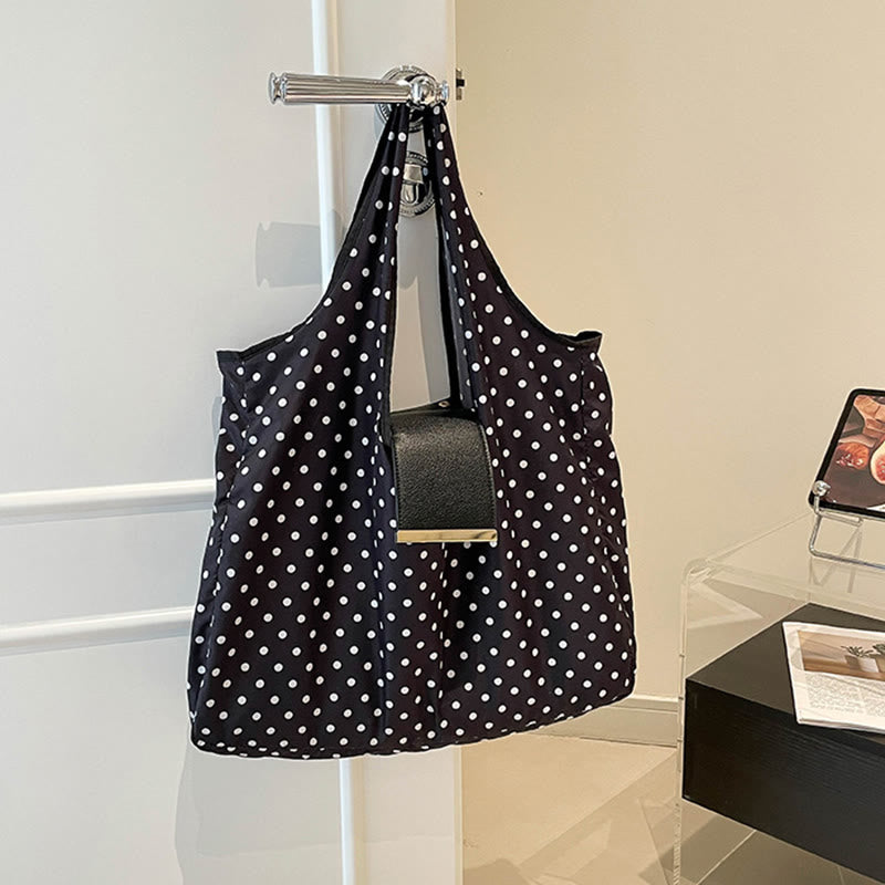 Foldable Nylon Shoulder Tote Bag Keychain With Leather Accent - Black Dot - Small - image 29