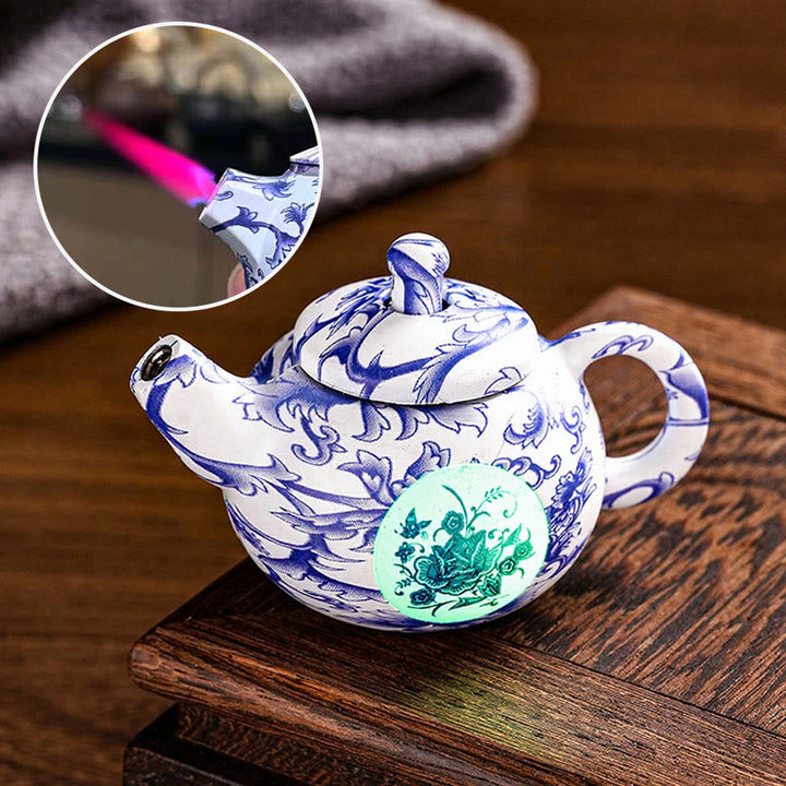 Heritage Flame Porcelain Teapot Rotating Butane Lighter - Blue Porcelain - image 0