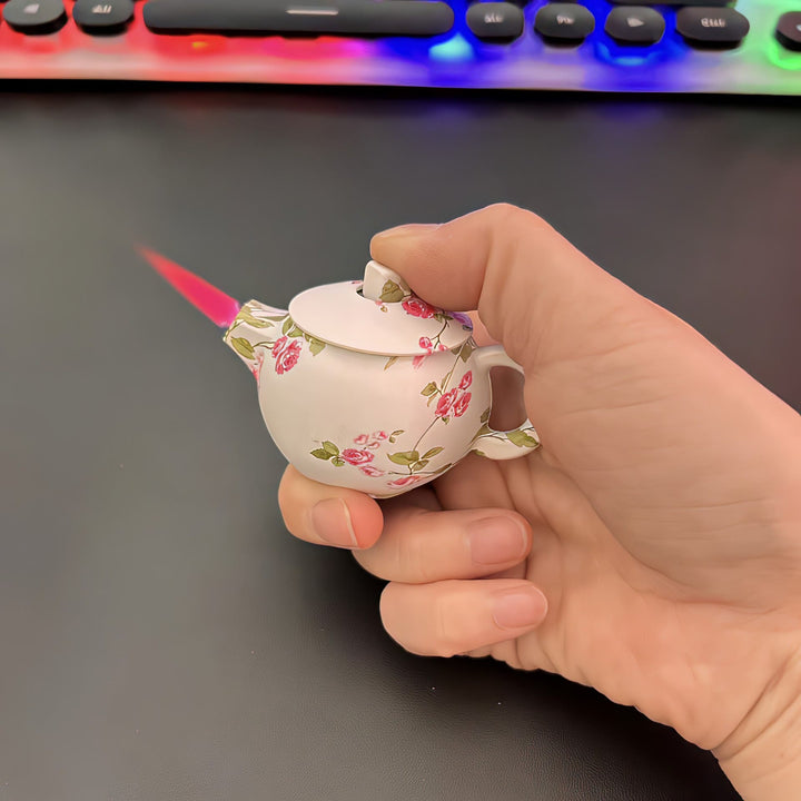 Heritage Flame Porcelain Teapot Rotating Butane Lighter - Pink Flower - image 9