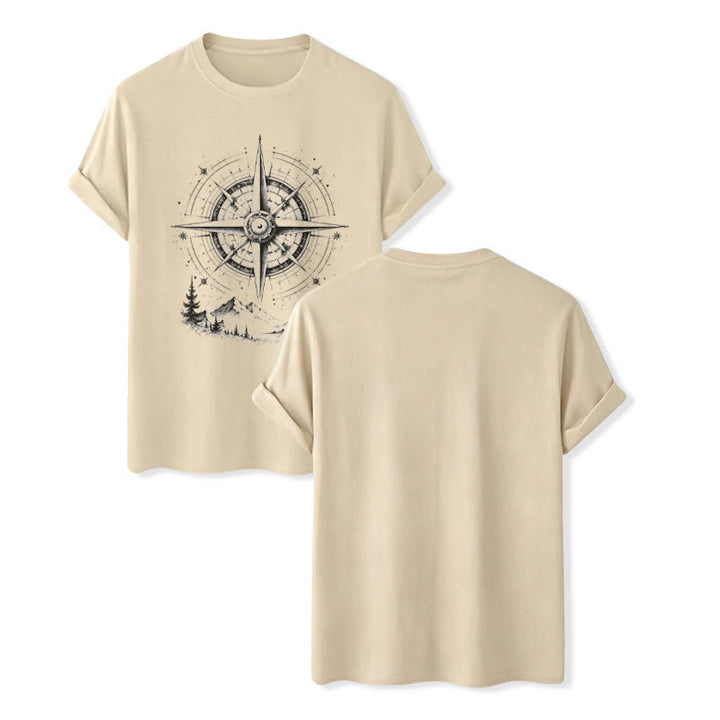 Black Ink Hand Drawn Mountain Compass Graphic Western T-shirt - Beige - 2XL - image 6