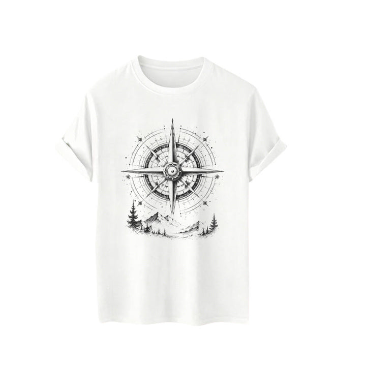 Black Ink Hand Drawn Mountain Compass Graphic Western T-shirt - image 4