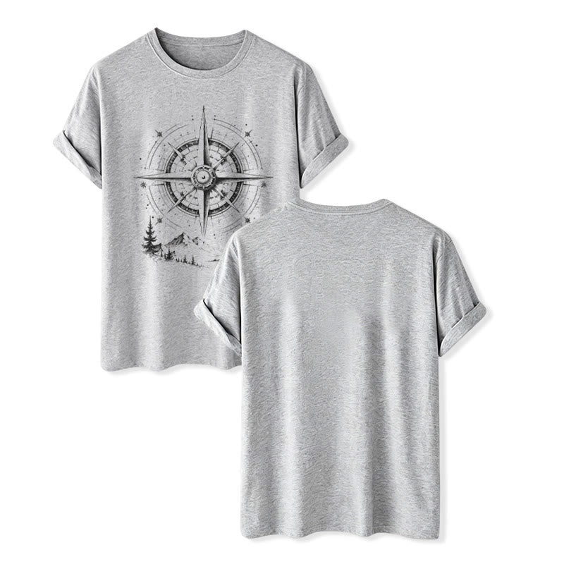 Black Ink Hand Drawn Mountain Compass Graphic Western T-shirt - Gray - 2XL - image 8