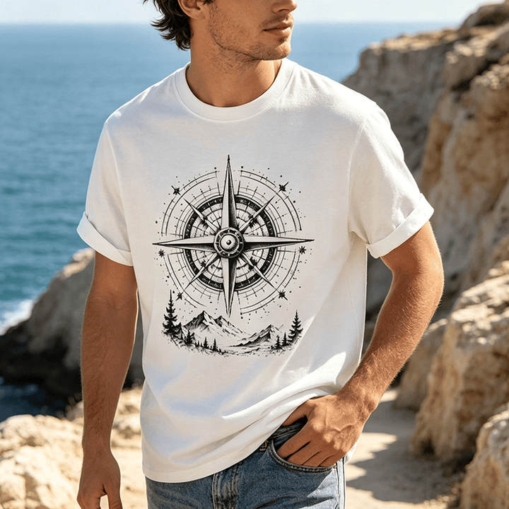 Black Ink Hand Drawn Mountain Compass Graphic Western T-shirt - image 0