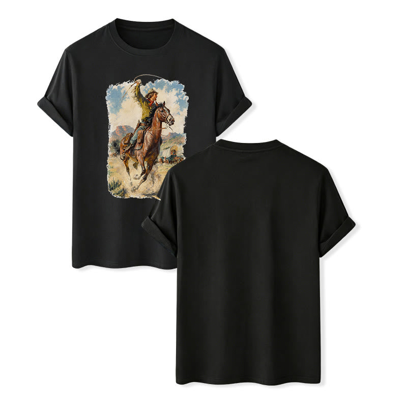 Vintage Oil Painting Cowboy Whip Wild Western Shirt - Black - 2XL - image 12