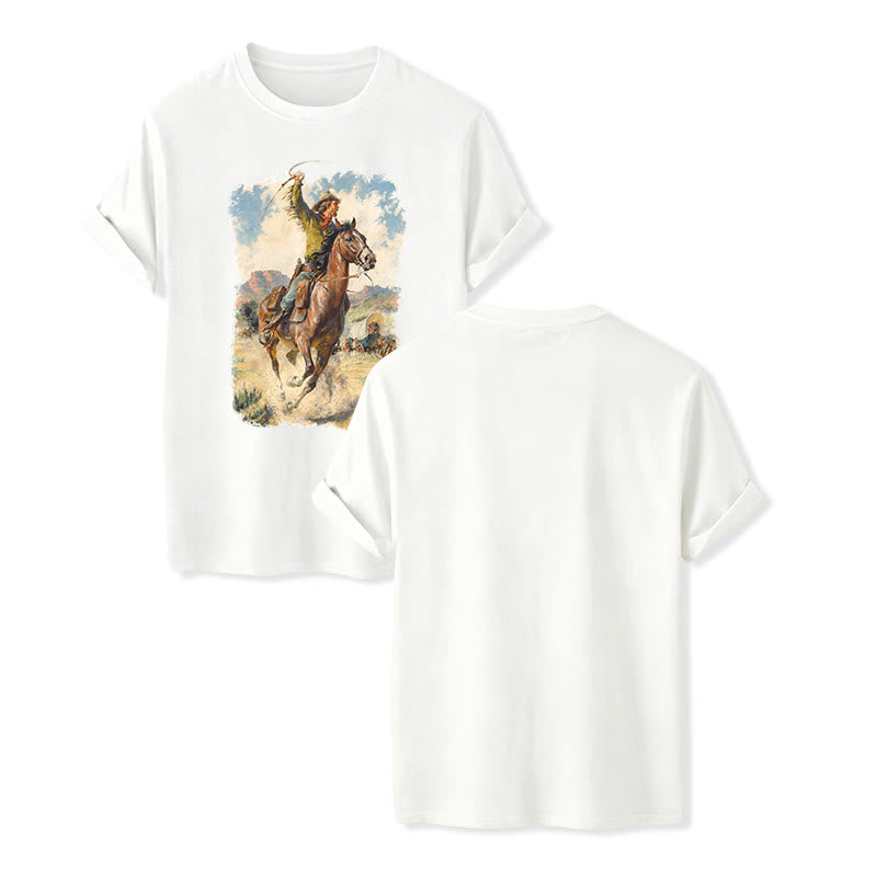 Vintage Oil Painting Cowboy Whip Wild Western Shirt - White - 2XL - image 5