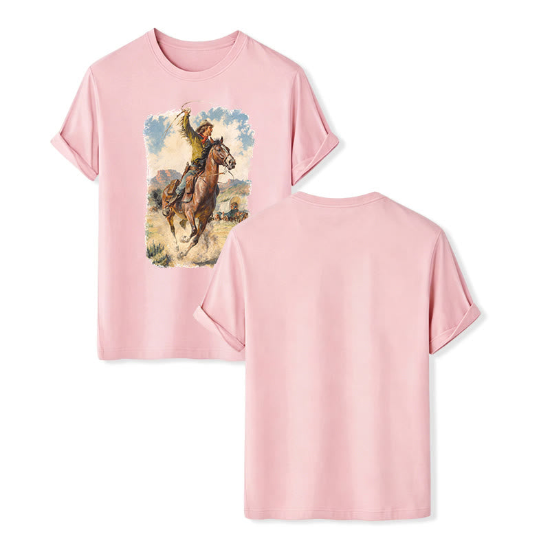 Vintage Oil Painting Cowboy Whip Wild Western Shirt - Pink - 2XL - image 7