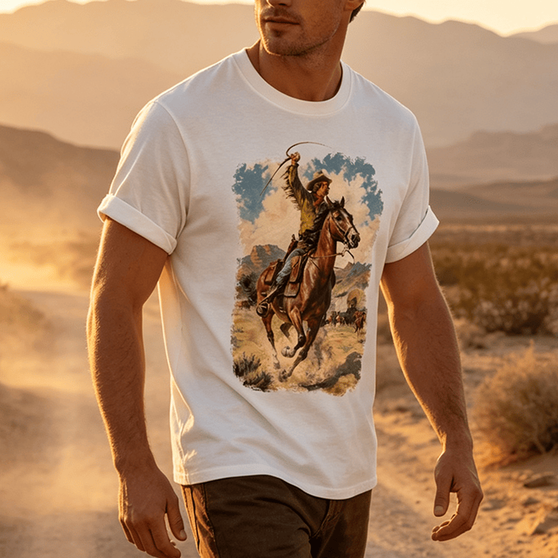 Vintage Oil Painting Cowboy Whip Wild Western Shirt - image 0