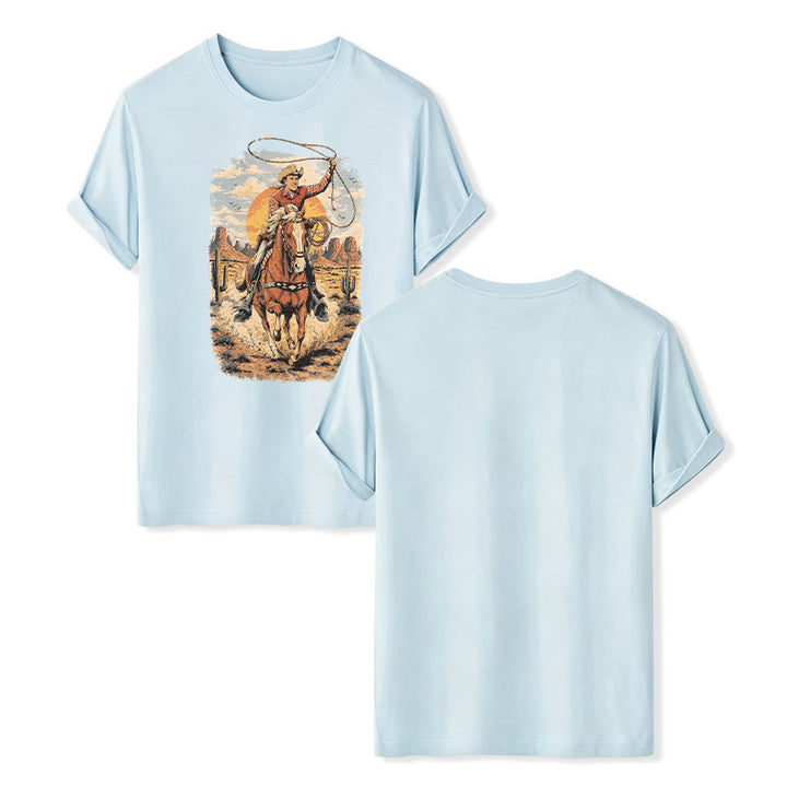 Sunset Desert Cowboy Lasso Graphic Print Shirt - Blue - 2XL - image 9