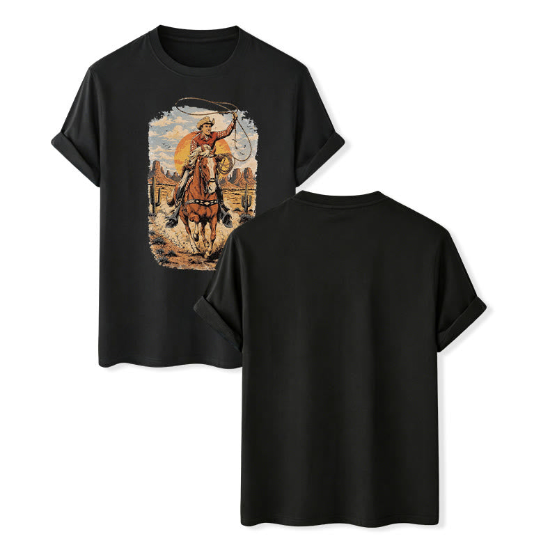 Sunset Desert Cowboy Lasso Graphic Print Shirt - Black - 2XL - image 12