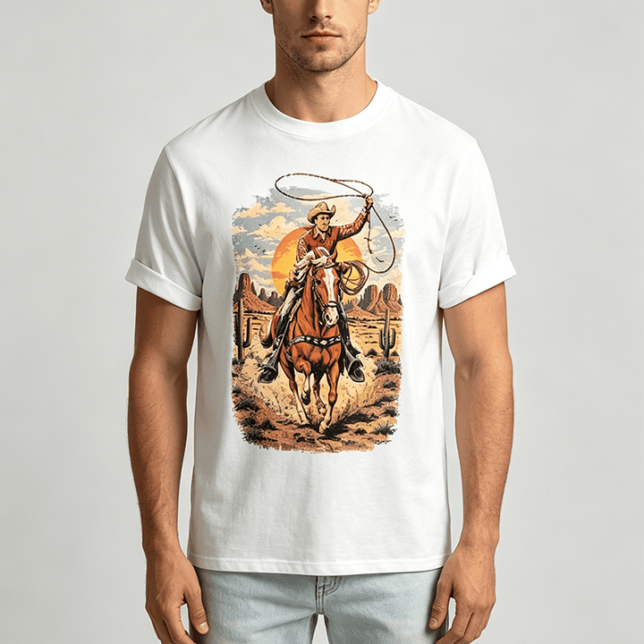 Sunset Desert Cowboy Lasso Graphic Print Shirt - image 1