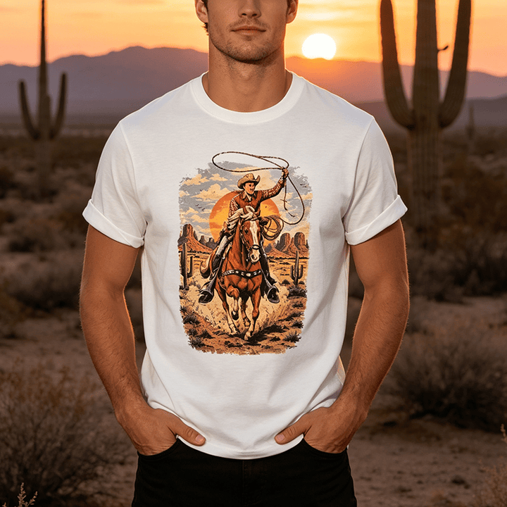 Sunset Desert Cowboy Lasso Graphic Print Shirt - image 0