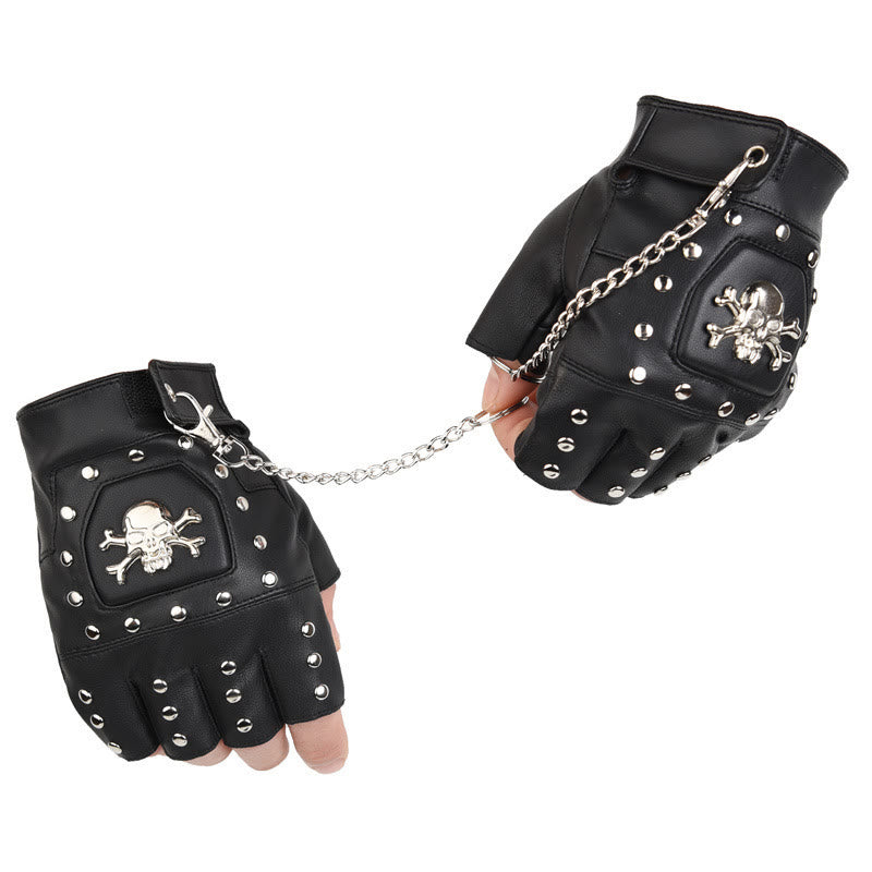 Black Skull Studded Half-Finger Motorcycle Gloves With Chain - image 4