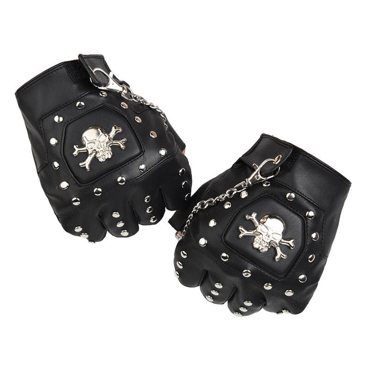 Black Skull Studded Half-Finger Motorcycle Gloves With Chain - image 5