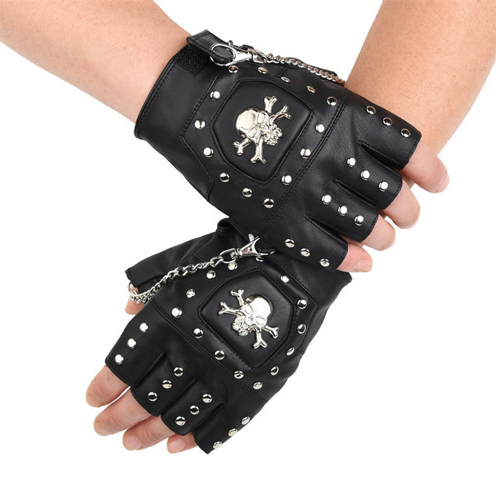 Black Skull Studded Half-Finger Motorcycle Gloves With Chain - image 3
