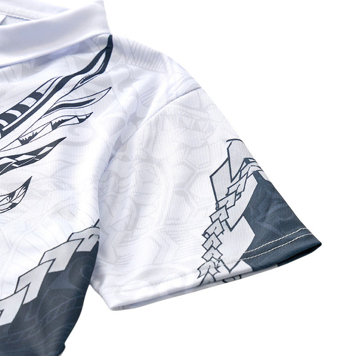 Black & White Polynesian Pattern 3D Print Zipper Collar Polo Shirt - image 7
