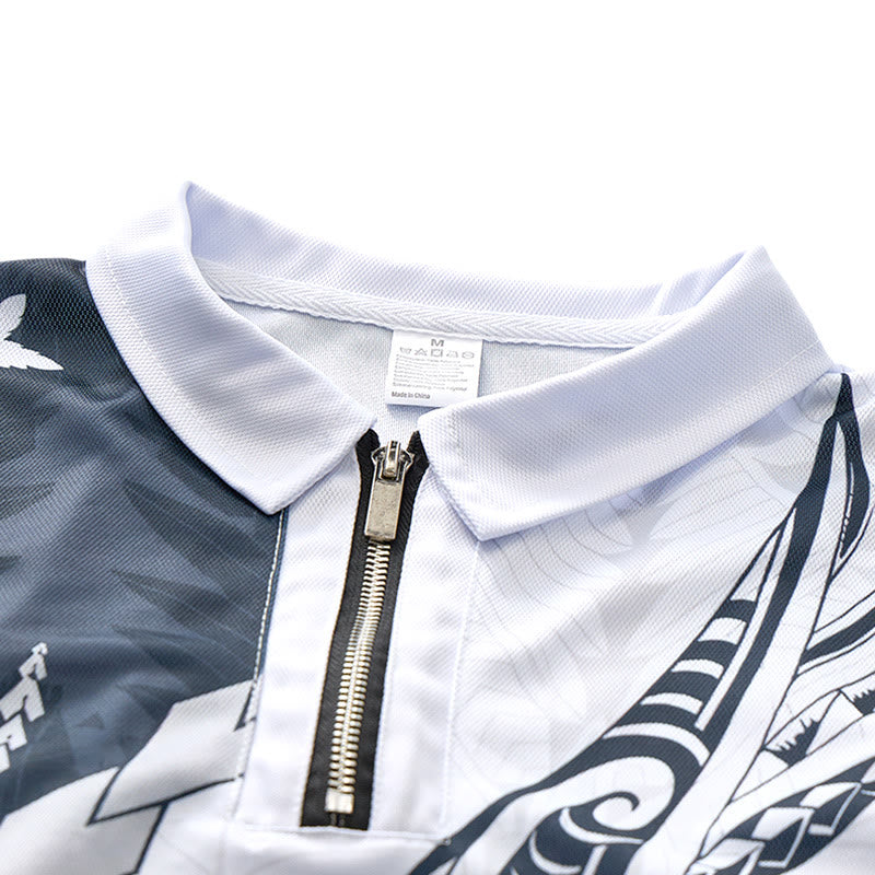 Black & White Polynesian Pattern 3D Print Zipper Collar Polo Shirt - image 4