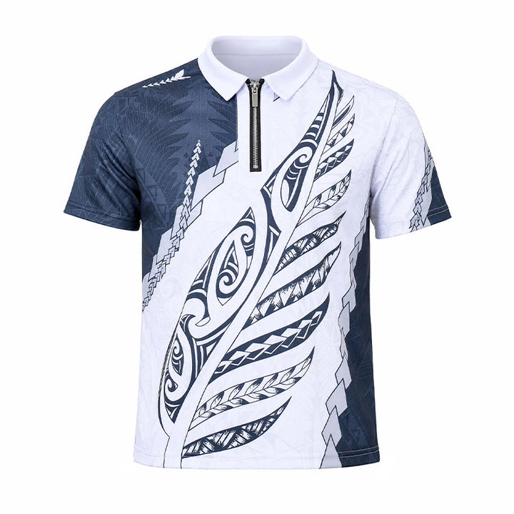 Black & White Polynesian Pattern 3D Print Zipper Collar Polo Shirt - image 9