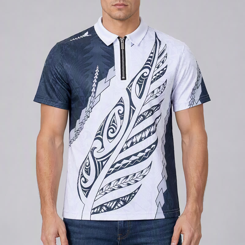 Black & White Polynesian Pattern 3D Print Zipper Collar Polo Shirt - image 3