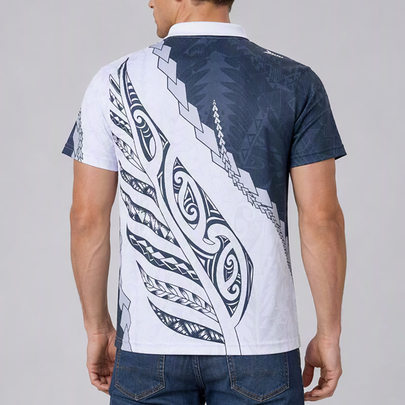 Black & White Polynesian Pattern 3D Print Zipper Collar Polo Shirt - image 1