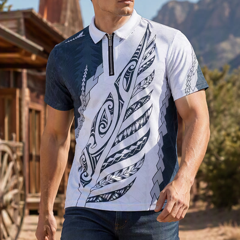 Black & White Polynesian Pattern 3D Print Zipper Collar Polo Shirt - Black & White - 5XL - image 0