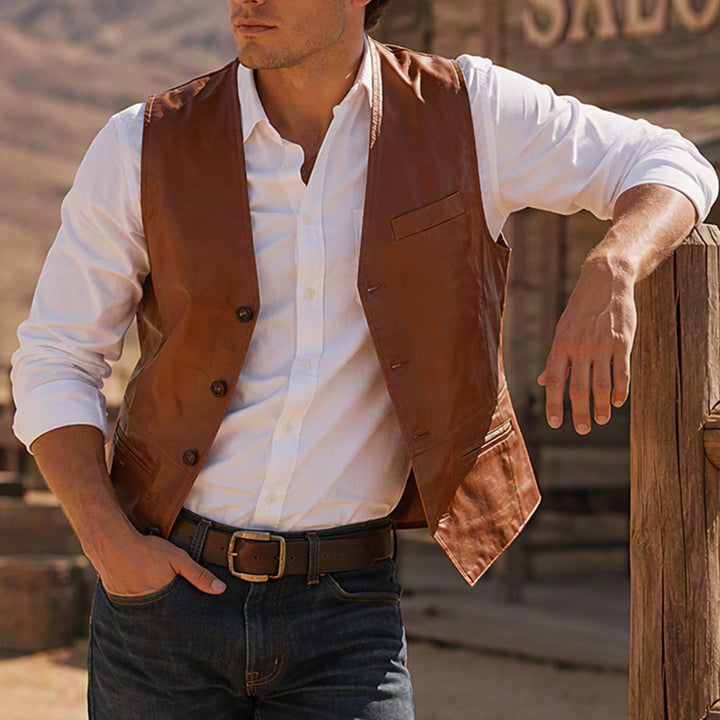 Men's Vintage Cowboy Biker Faux Leather Western Vest - Brown - 5XL - image 0