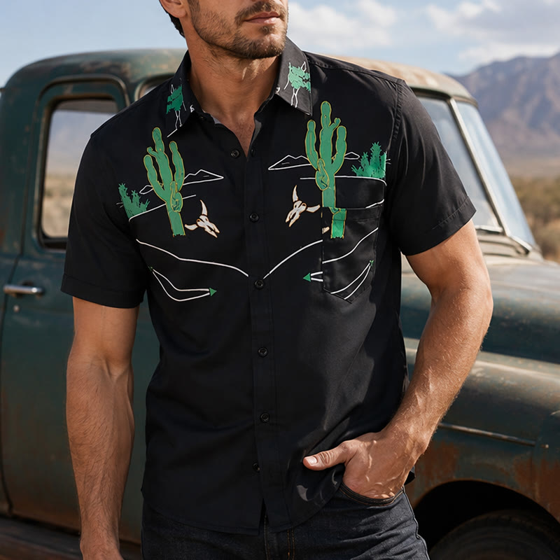 Black Cactus & Longhorn Skull Cowboy Yoke Shirt - Black - 5XL - image 0
