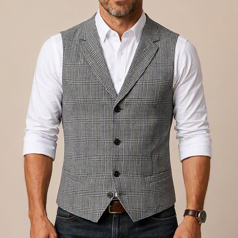 British Style Notched Collar Checkered V-Neck Suit Vest - image 1