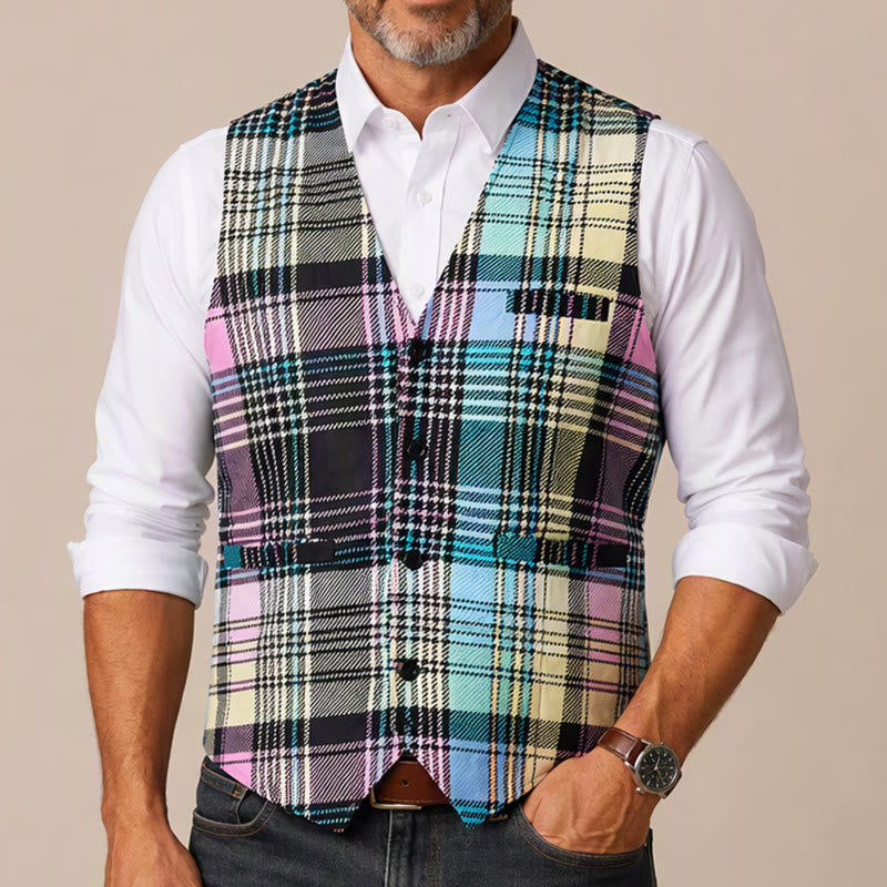 Colorful Tartan Plaid Statement Festive Suit Vest - image 1