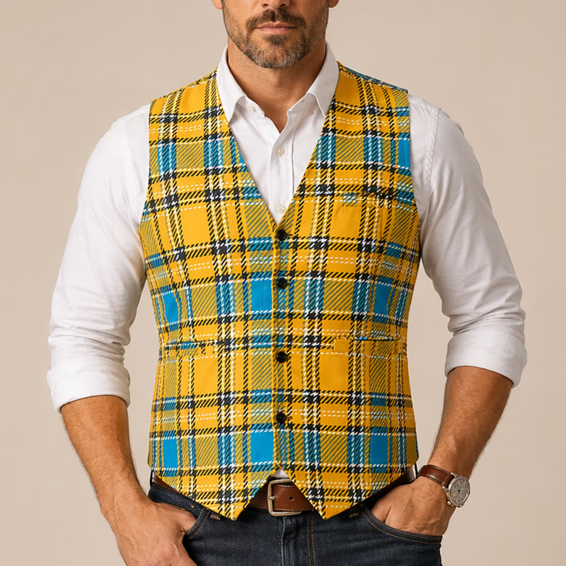 Mustard Yellow Preppy V-Neck Tuxedo Suit Vest - image 1