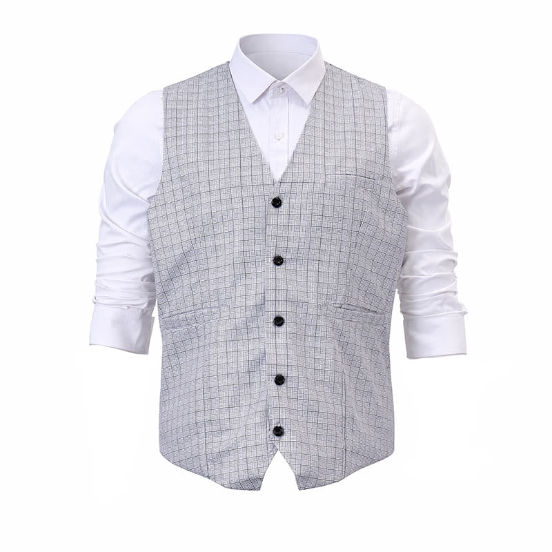 Minimalist Silver Grey Grid Pattern V-Neck Suit Vest - image 10