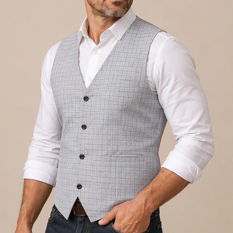 Minimalist Silver Grey Grid Pattern V-Neck Suit Vest - image 3