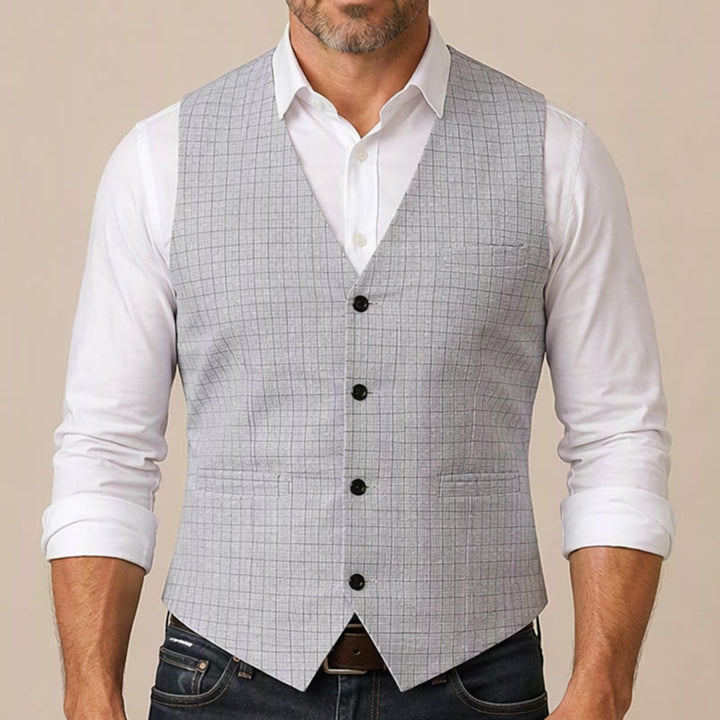 Minimalist Silver Grey Grid Pattern V-Neck Suit Vest - image 1