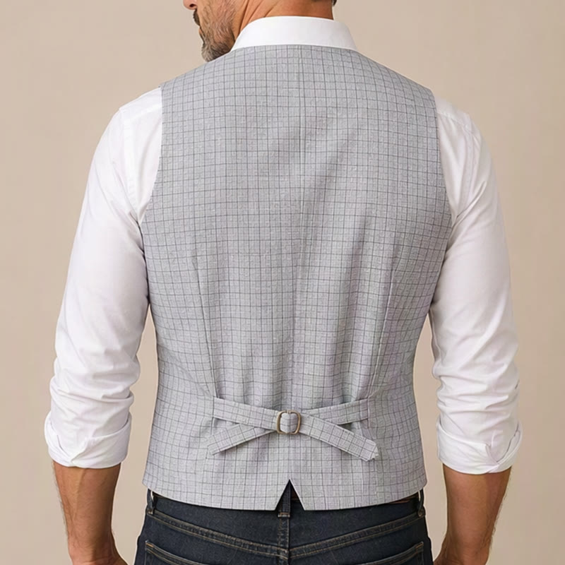 Minimalist Silver Grey Grid Pattern V-Neck Suit Vest - image 2