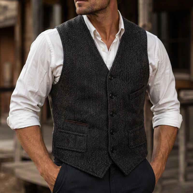 Men's Classic Western Tweed Herringbone Suit Vest - Black - 3XL - image 5