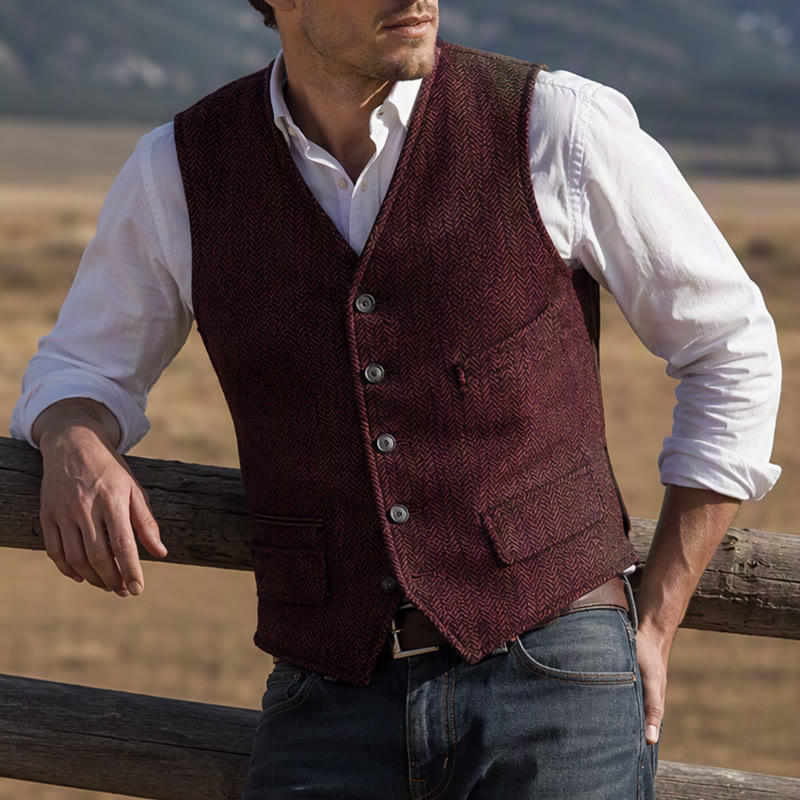 Men's Classic Western Tweed Herringbone Suit Vest - Brown - 3XL - image 6