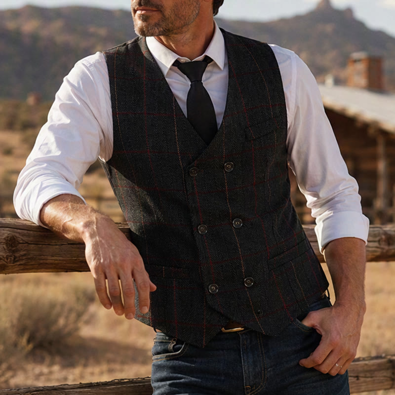 Men's Plaid Pattern Peaky Blinders Inspired Suit Vest - Dark Gray - 2XL - image 0