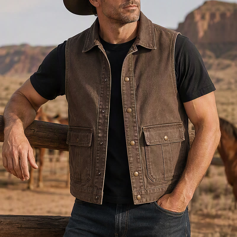 Men's Vintage Washed Brown Canvas Workwear Vest - Brown - 4XL - image 0