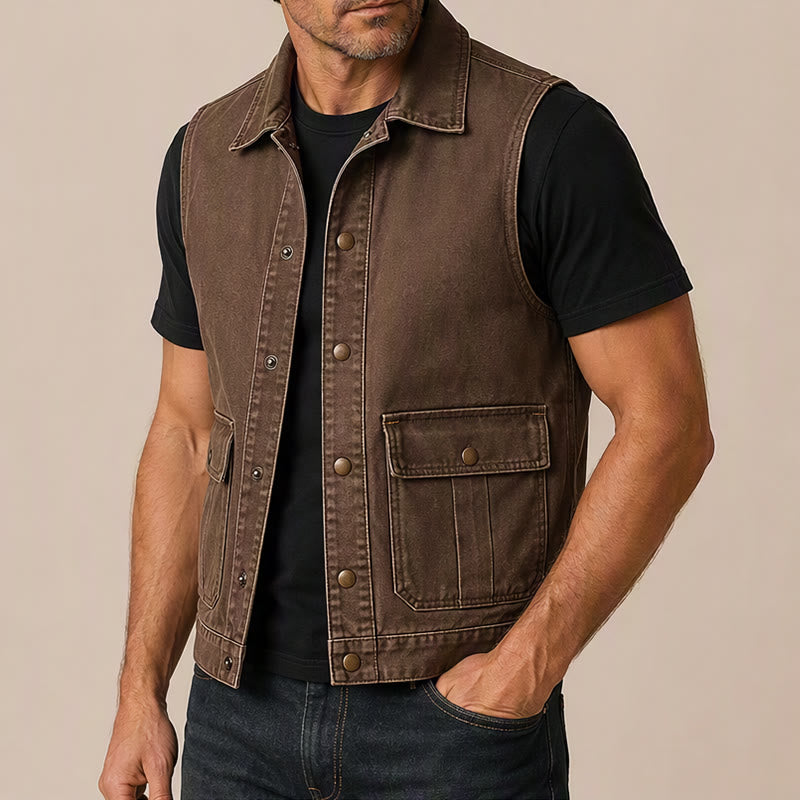 Men's Vintage Washed Brown Canvas Workwear Vest - image 3