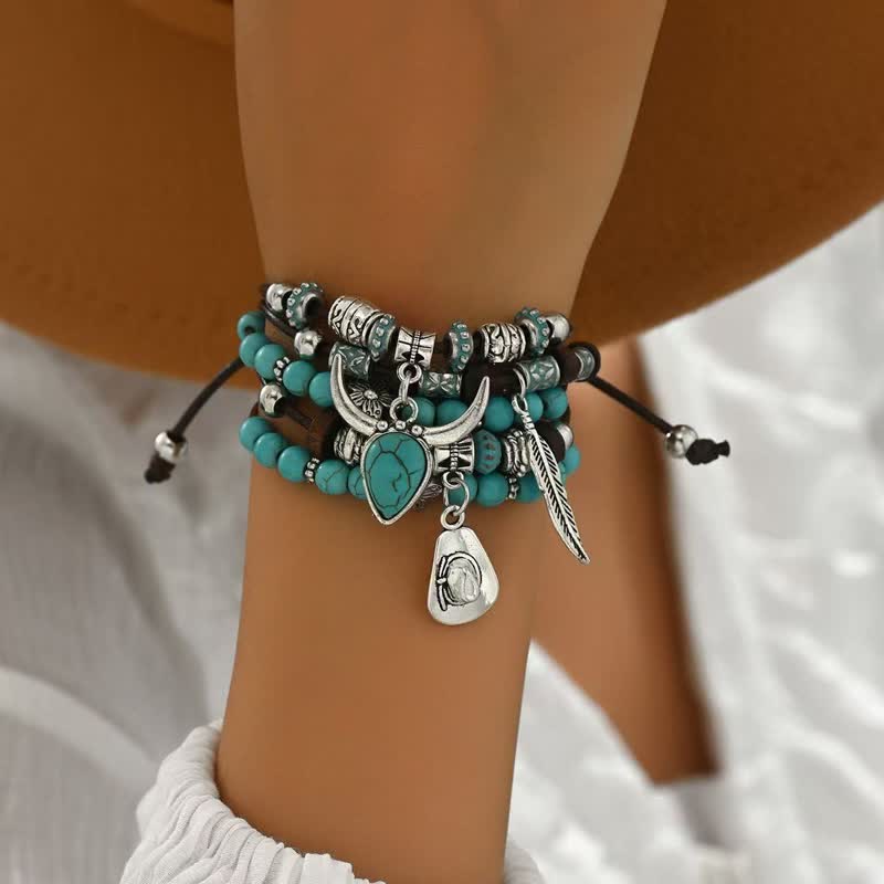 Boho Western Charm Turquoise Adjustable Multi-Layer Bracelet - image 1